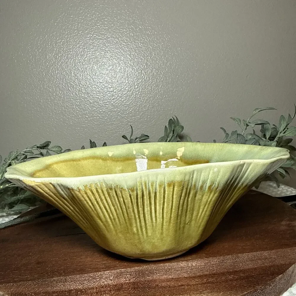 Vintage Mid Century USA P-1 Drip Glaze Pottery Console Bowl Green Yellow 50s 60s